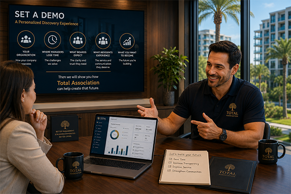 Total Association dashboard, resident app, and team in action