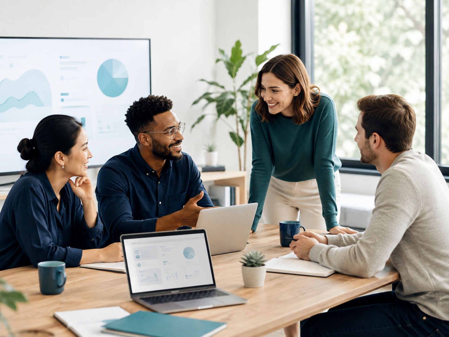 A community-management team collaborating around a table